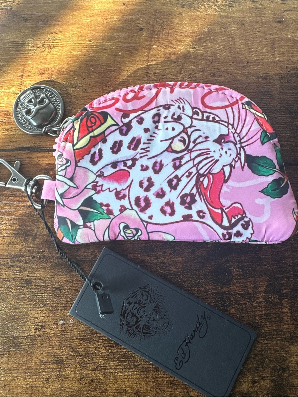Ed Hardy Pink Leopard Coin Pouch Wallet Bag Charm Keychain Skull Zip Charm NWT - Picture 2 of 5